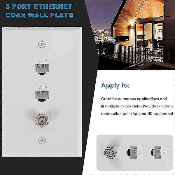Ethernet-koaksiaaliseinälevy, 2 porttia Cat6 RJ45 ja 1 portti F-tyypin liitin koaksiaali naaras-naaras seinään