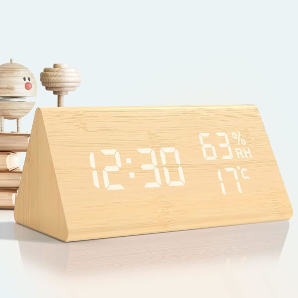 Trä Digital Väckarklocka, Trä Väckarklocka med 3 Alarm Inställningar