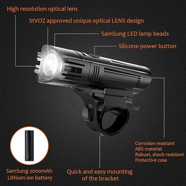 2000mAh Sykkellys Sykkel Frontlykt LED Sykkellampe Oppladbar Front og Bak 4 Moduser Ultra Sterkt Sykkellys USB Lys Støtsikker Vanntett
