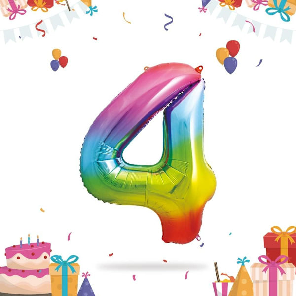 Farverige 4 års fødselsdag balloner - Stor ballon nummer 4 Nummer 4