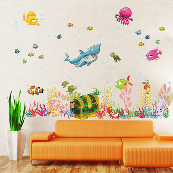 Veggklistremerker for barn (90x28,5 cm) Aquarium Fish Sea Ocean Stickers