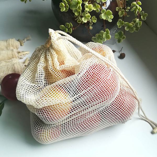 Set med 6 återanvändbara ekologiska bomullsgrönsaks påsar Storlek S (M, L), S
