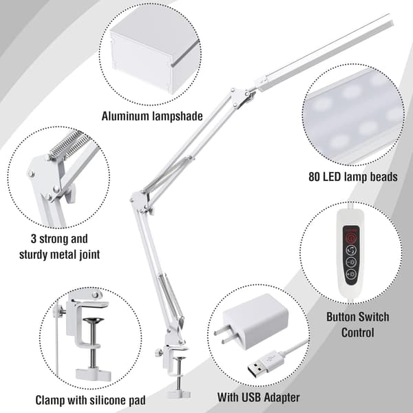 Hvit LED skrivebordslampe - Kraftig LED skrivebordslampe med klips - Øyevennlig