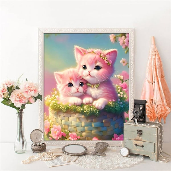 DIY Diamantmaleri Sæt, 30x40cm, To Pink Katte