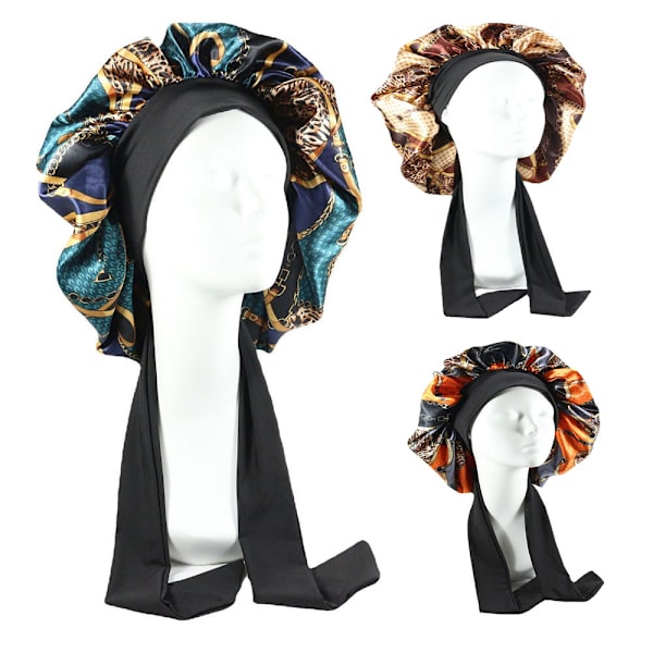 2 stycken elastiska band tryckta satin nattmössa rosett