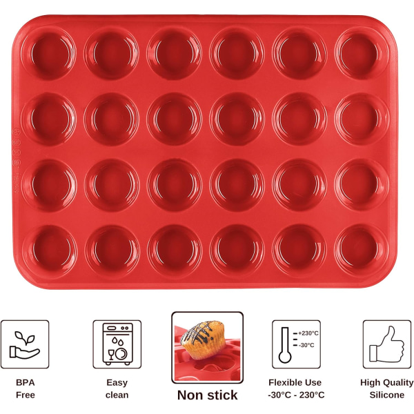 2-pack Röd muffinsform för 24 non-stick silikon mini muffins, cupcakes