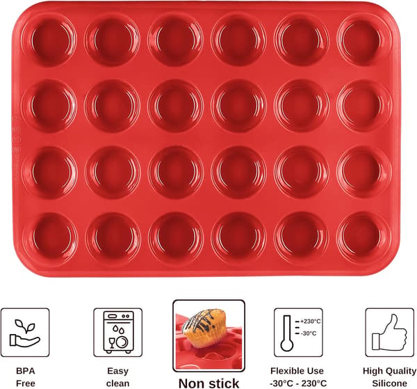 2 stk. - Rød muffinform til 24 mini muffins i silikone med non-stick belægning, cupcakes