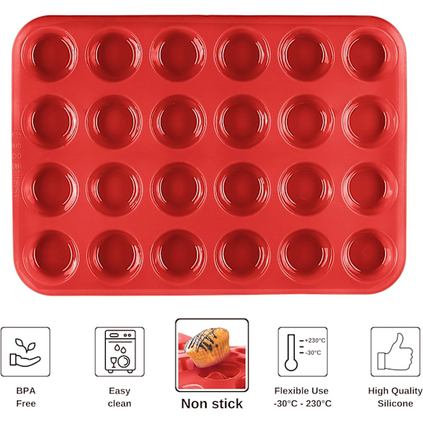 2 stk - Rød muffinsform for 24 mini muffins i silikon, ikke-klebende