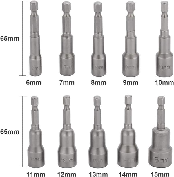 10 st Slagskruvmejselhylsa 6-15mm Set Magnetisk Hex Hylsa Ma