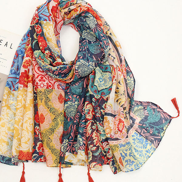 Färgglad tryckt scarf med fransar, 185-100cm