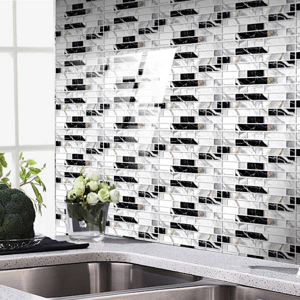 ##/24 stk. Selvklæbende Mosaik 10x20cm - Sort og Hvid, Køkken Sa##/