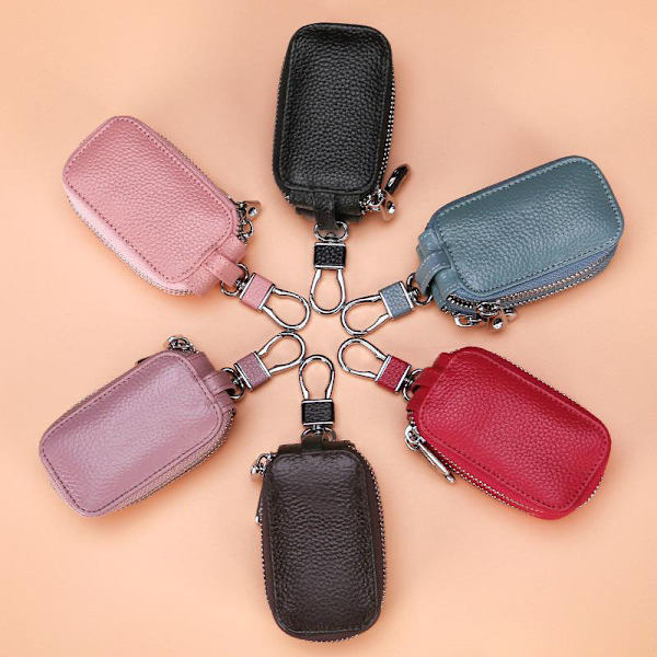 ##/1-pack Rosa Nyckelhållare i Läder med Dubbel Blixtlås, Myntplånbok, Nyckelskydd med Transparent Fönster för Bilnyckel Fjärrkontroll##/