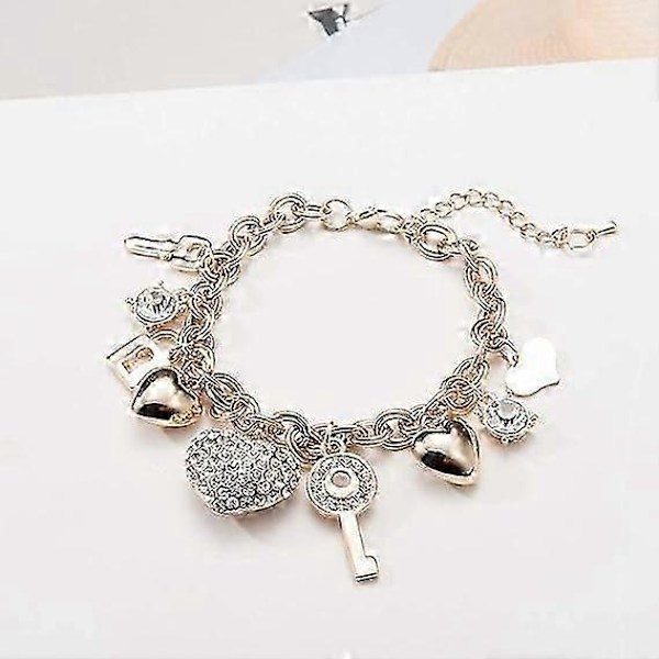Guldlänkarmband - 7\"+ 2\" Förlängning 14K Guldpläterade Love Locked Armband för Kvinnor och Flickor