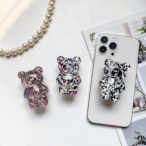Mobiltelefon Fingerholder Tegneserie Foldbar Epoxy Pailletter 3D Sød Bjørneformet Telefongreb Tok Foldestativ til Skrivebord B