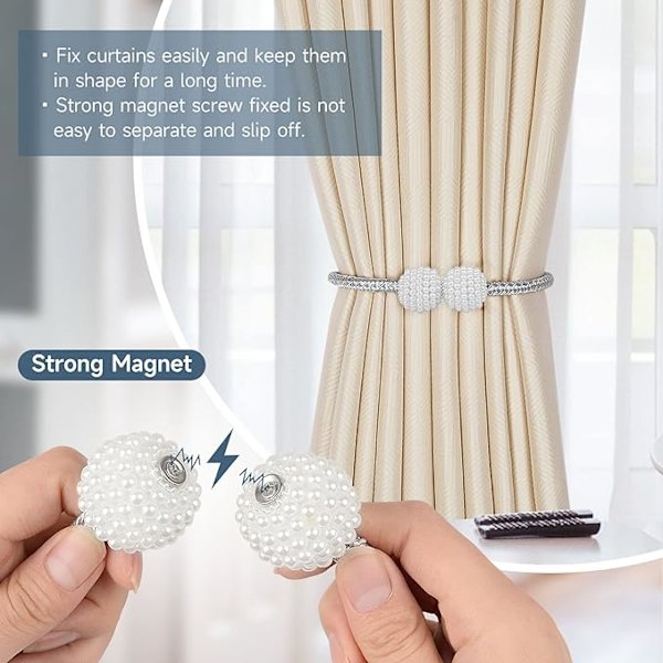 2 magnetiske gardinbindere (grå) - 42 cm lange perlekugle gardinbindere