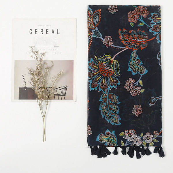 Mörk marinblå blommig scarf, 180-90cm