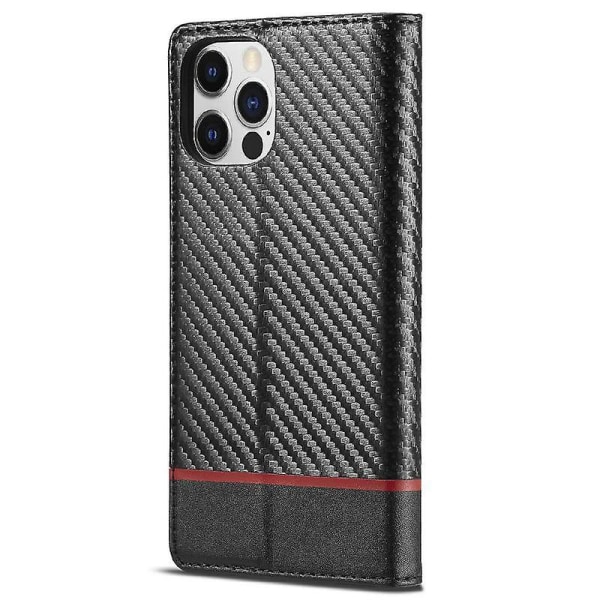 Lc.imeeke Carbon Fiber Texture Full Protection Läderställ Case Skal kompatibel Iphone 12 / 12 Pro - Horisontell röd rand