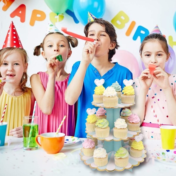 (Blå 32cm*30cm) 3-etagers Cupcake Stativ Pap Cupcake Stativ til