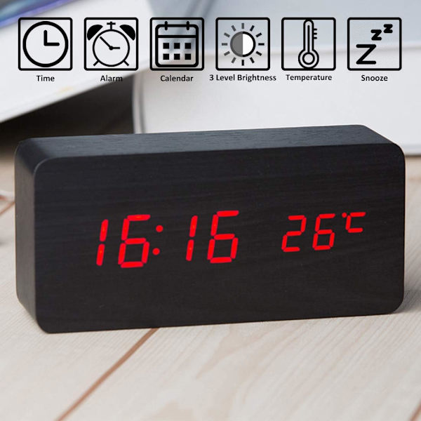 Puinen Digitaalinen Kello - Monitoiminen LED-Herätyskello Ajan/Päivämäärän Näytöllä