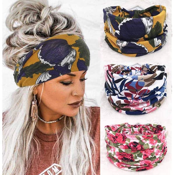 3 st Boho Hårband Bred Knyta Hår Scarfs Blommigt Tryckt