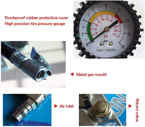 Dækoppumper med 220PSI trykmåler og pumpe med slange A