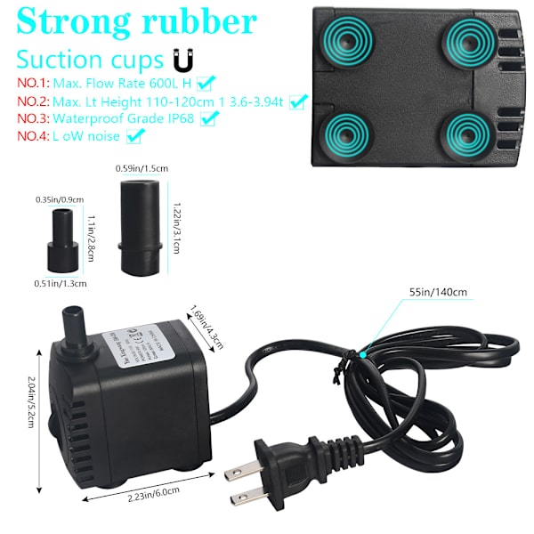 ##/Nedsænkbar Vandpumpe 600L/H 8W Ultra-Stille Akvariumpumpe med 4 Sugkopper til Springvand, Fiskedam, Hydroponiske Systemer##/