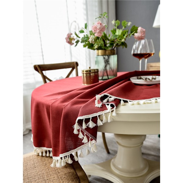 ##/Rund bordsduk i bomull och linne med fransar, 180 cm##/