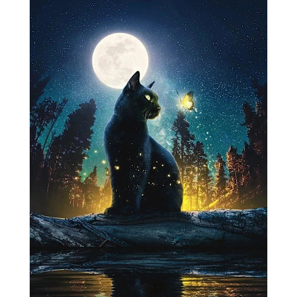 ##/5D diamantmålning-DIY-30x40cm-Snygg katt under månen##/
