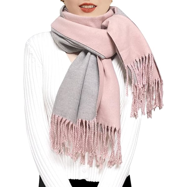 (PINK+GRÅ) Dame Cashmere Tørklæde Vinter Reversibel Pashmina Lang