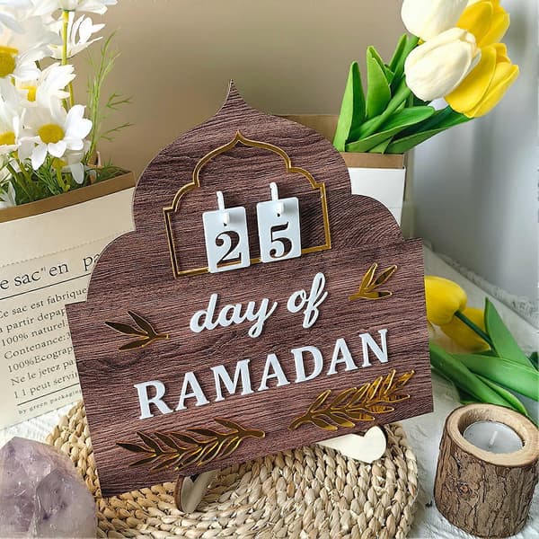 Ramadan Nedräkningskalender Trä Rund Lövdekor Display Form DIY Eid Mubarak Festival Bordsdekoration D