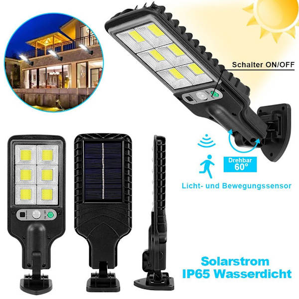 1 stk., LED utendørs vegglampe solcelle, 3 moduser, bevegelsessensor, for utendørs bruk