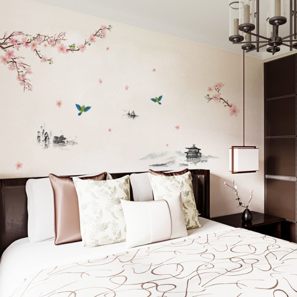 Peach Blossoms & Birds väggdekaler (240x150 cm) I självhäftande