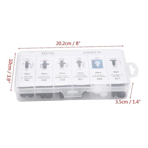 100 stk. 6 Størrelser Assorteret Bil Karosseri Trykknap Nitte Trim Klips Panel Trykholder