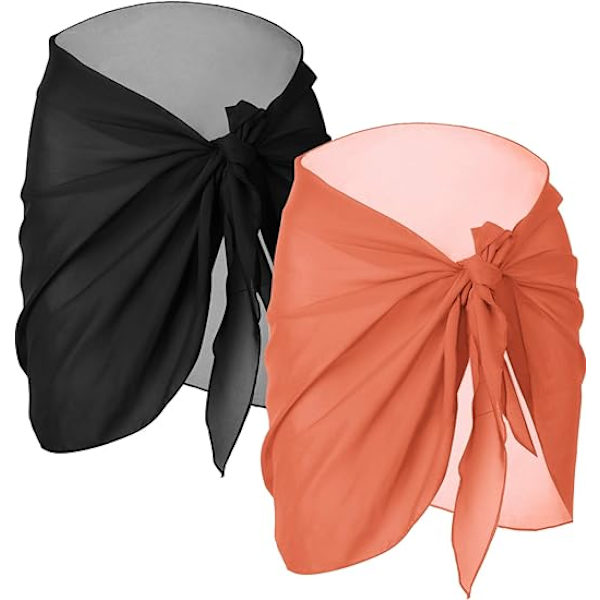 ##/Svart Orange 2-pack Kvinnors Strand Sarong Bikini Omslag Kjolar Omslag för Chiffon Baddräkt##/