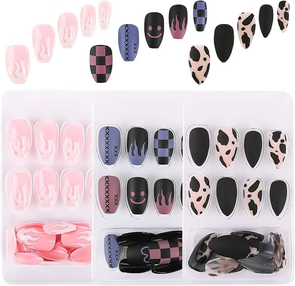 3 Æsker 72 stk. Falske Negle Korte Negle Ongle Fuld Dækning Pink Blå B