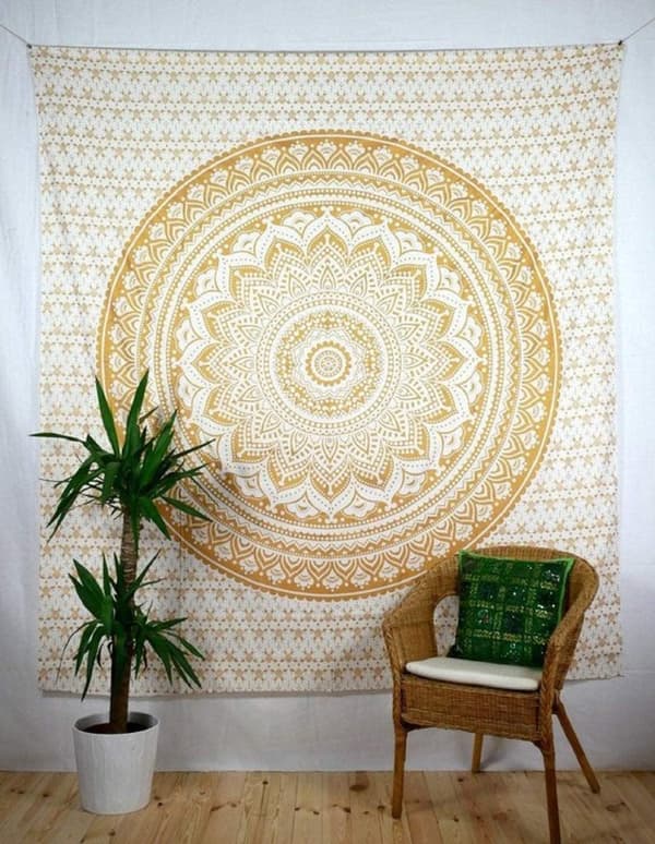 Gul Mandala Bohemian Yogamatte Indisk Veggteppe - 150x150cm