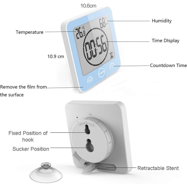 Blå badrumsklocka, vattentät touchkontroll duschklocka, LCD