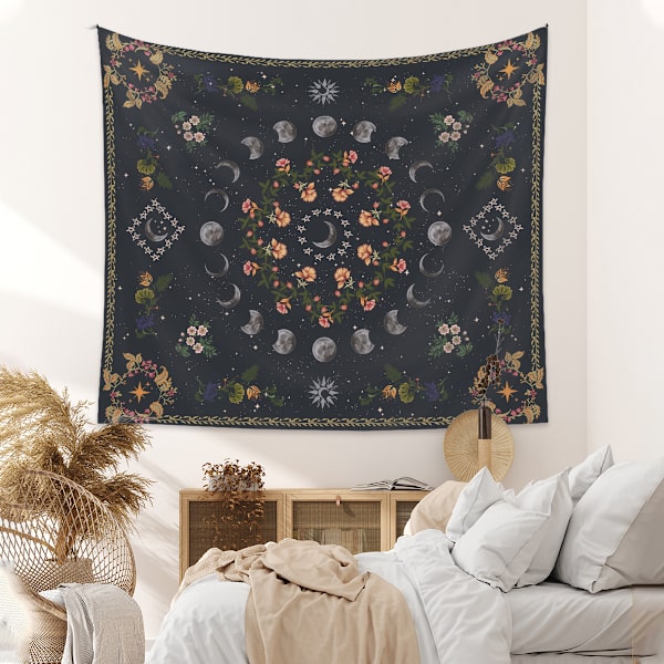 ##/150×200cm Tähti- ja kuun muotoinen musta seinävaate, Tapisserie dé##/