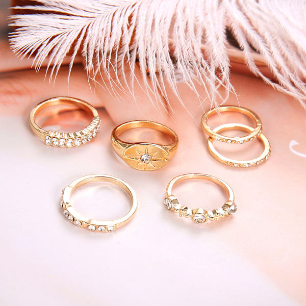 ##/6-pack Bohemiska Guldringar - Glittrande Strass & Olika Mönster Guld##/
