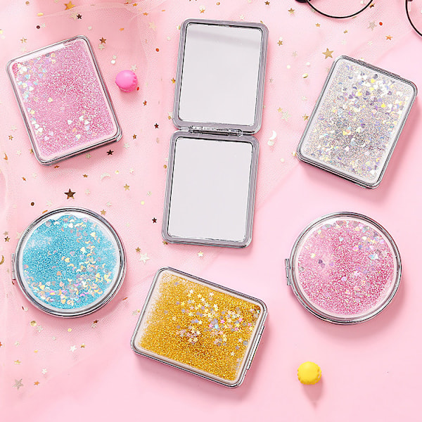 ##/Fällbar kompakt och bärbar spegel - rosa, glittrande flytande sand,##/