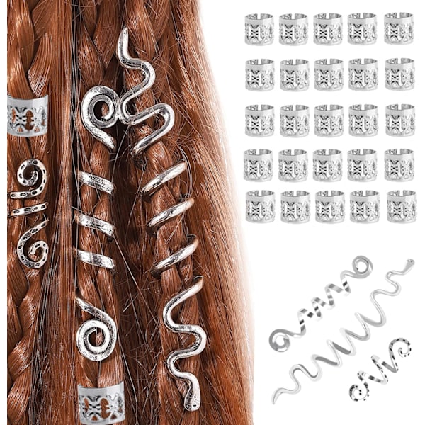 28 stycken metallspiralformade vikingahårfläta-pärlor (silver), fläta