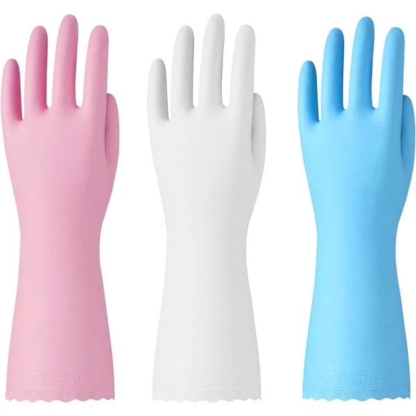 3 Par (Medium, Blå+Rosa+Vit) Återanvändbara Rengöringshandskar - Sen