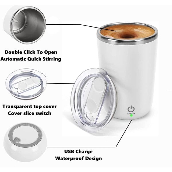 Vit självomrörande mugg Automatisk magnetisk kaffemugg i rostfritt stål