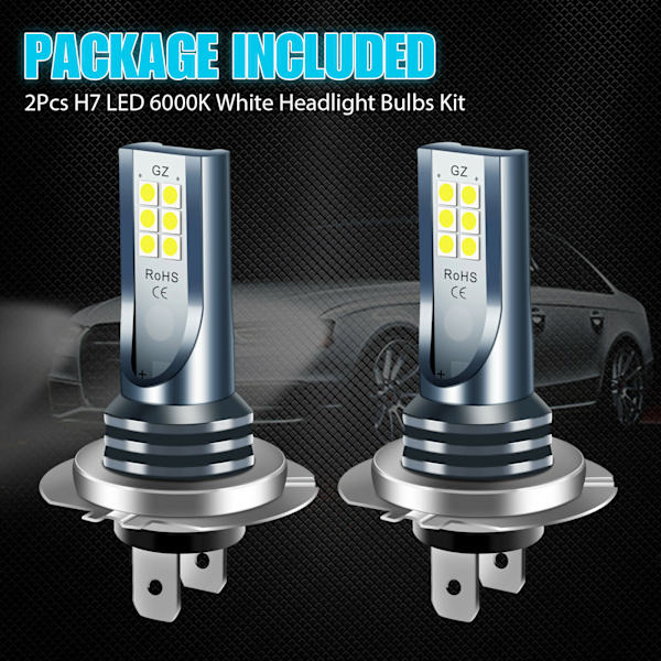 2x H7 LED-frontlykt 6000k Superhvit 110w 4800lm Frontlyktsett