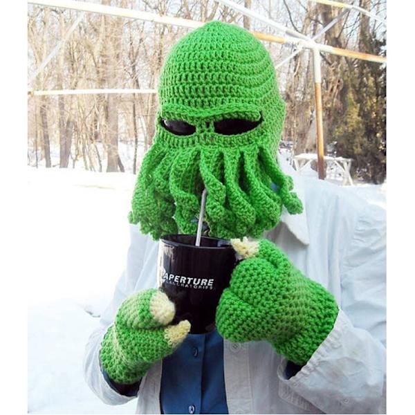 Grön bläckfiskhatt, Rolig Riddarhjälm Beanie med Skägghatt Hand