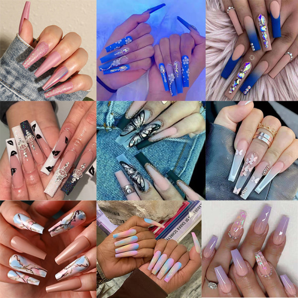 24 stycken Svart och vitt (lim typ) Fake Nails Long, Pretty Med