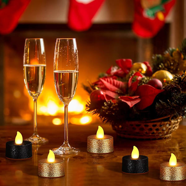 ##/24 stk. Guld Glitter LED Teelys Sort Flammeløs Teelys##/