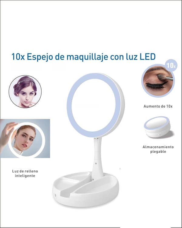 Kosmetikspegel med LED-ljus och Organizer Dubbelsidig Smink