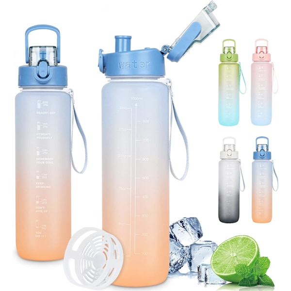 ##/1 Liters Sportsflaske - Blå-Grønn, Motiverende Flaske med Filter##/