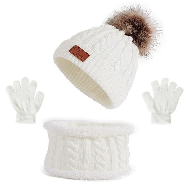 3 stk. Vinter Pige Beanie Hat Halsklæde og Handsker Sæt Klassisk Strik W